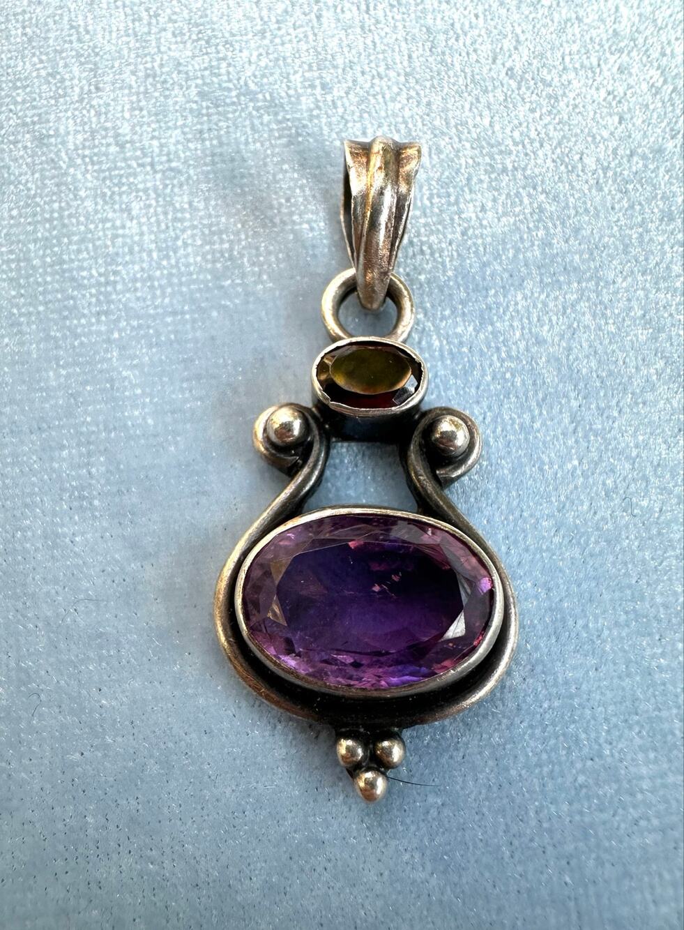 Vintage 925 Sterling Silver Amethyst Garnet Artisan Pendant Handcrafted Boho
